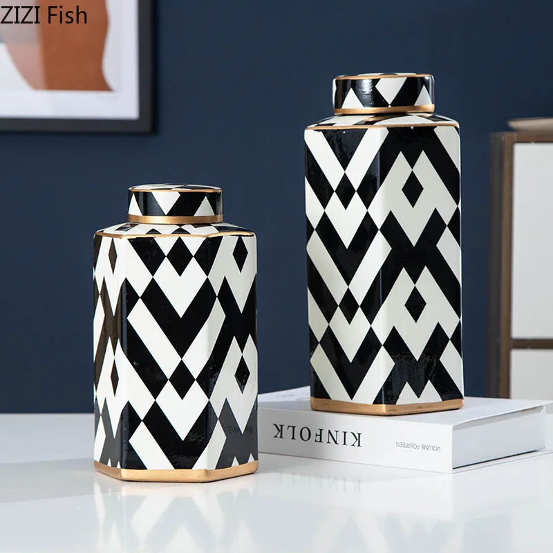Afralia™ Striped Ceramic Storage Jar Household Vase Candy Container Modern Geometric Decoration