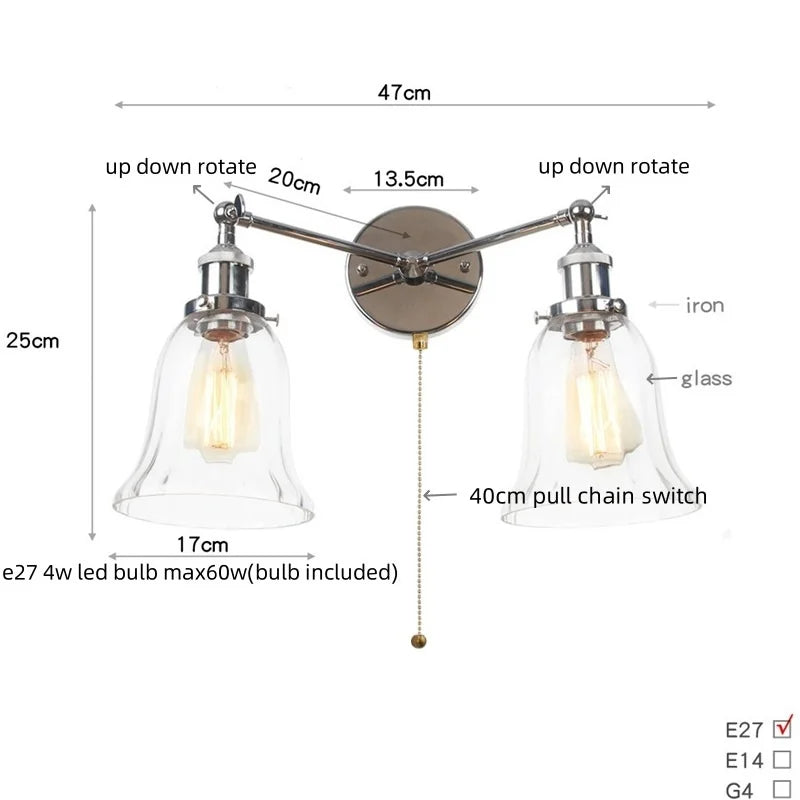 Afralia™ Retro LED Wall Light with Pull Chain Switch, 2 Heads Sconce for Living Room