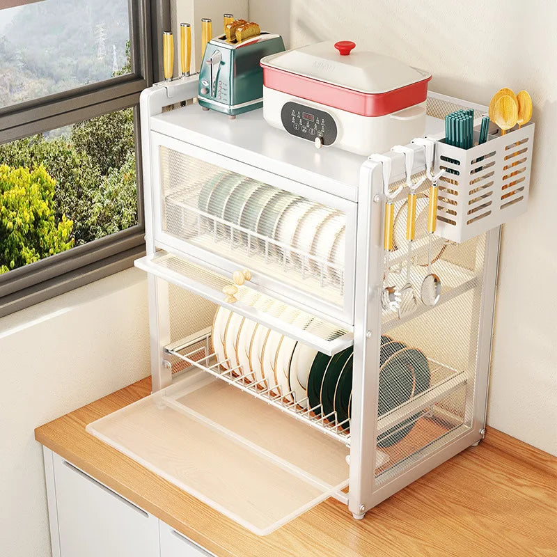 Afralia™ Double-layer Kitchen Dish Drying Rack with Chopstick Cage and Tableware Basket