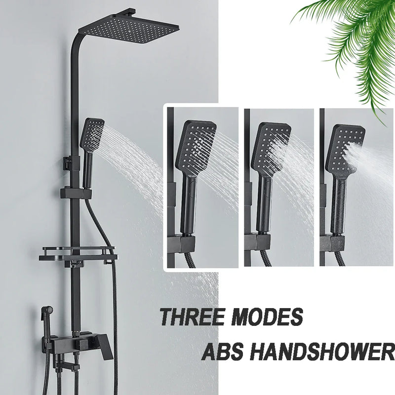 Afralia™ Black Brass Shower Faucet Set Rainfall Bathtub Tap With Bathroom Shelf