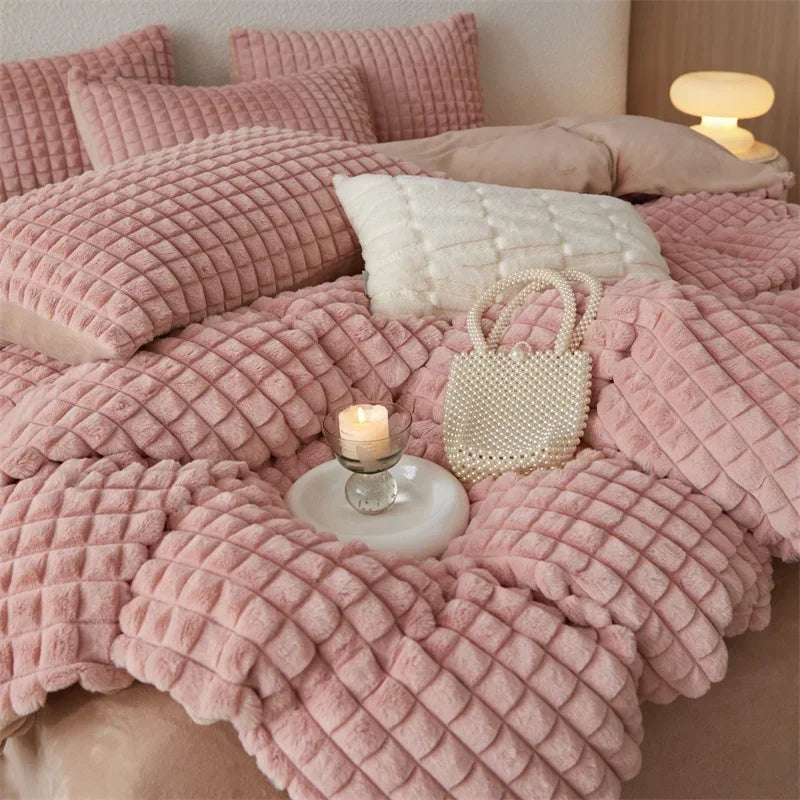 Afralia™ Faux Fur Bedding Set: Double Queen King Size Duvet Cover Sheet Pillowcase