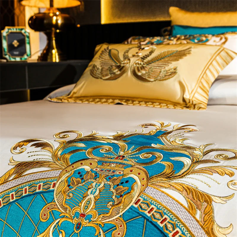 Afralia™ Embroidered Gold Blue Brocade Cotton Bedding Set with Duvet Cover, Sheets, Pillowcases