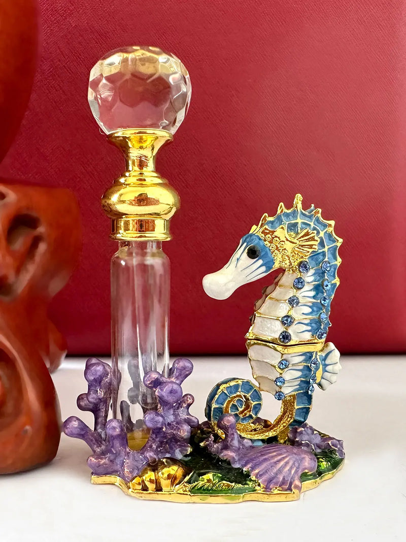 Afralia™ Seahorse Figurine Glass Perfume Bottle 4ml Crystals Bejewelled Scent Container