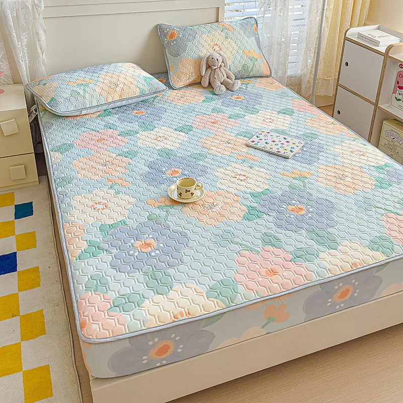 Afralia™ Cool Silk Latex Fitted Sheet Set with Pillowcases, Summer Ice Silk, Single Double Bed