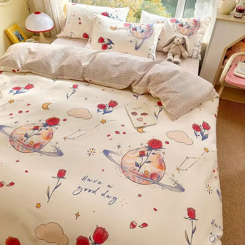 Afralia™ Double-Sided Floral Print Cotton Bedding Set - Queen Size Soft Duvet Cover Set