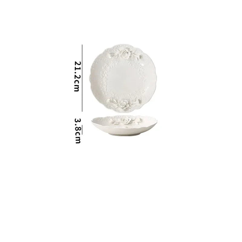 Afralia™ Flower Relief Ceramic Plate Western Dinner Plates Kitchen Cutlery