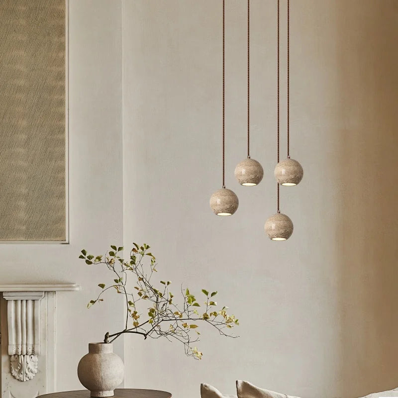 Afralia™ Yellow Travertine Spherical Stone LED Pendant Light for Bedroom Dining Living Room