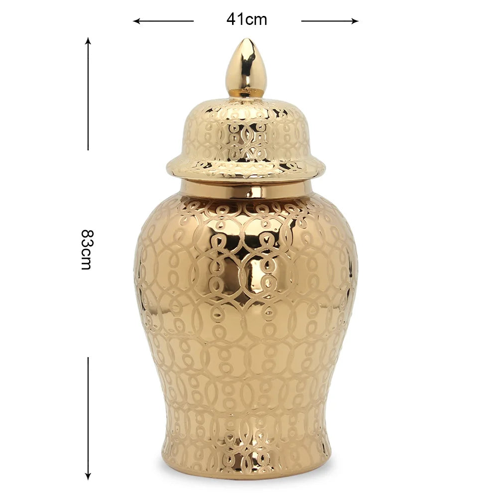 Afralia™ Golden Pattern Porcelain Ginger Jar Vase with Lid for Home Decor