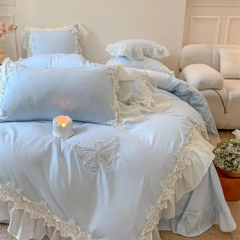 Afralia™ Pink Lace Butterfly Embroidery Bedding Set 4Pcs, Princess Wedding Theme
