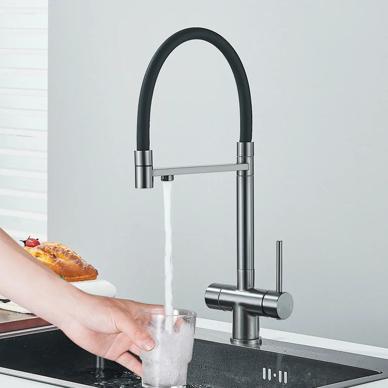 Afralia™ Gun Gray Filtered Kitchen Faucet - Dual Handle Pull Out Brass Sink Mixer