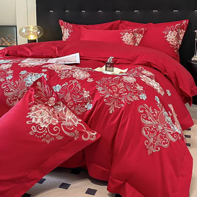 Afralia™ Luxury Flowers Embroidery Cotton Bedding Set - Queen King Size