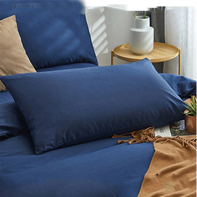 Afralia™ Cotton 4pcs Bedding Set Double Queen Solid Color Duvet Cover Flat Bed Sheet