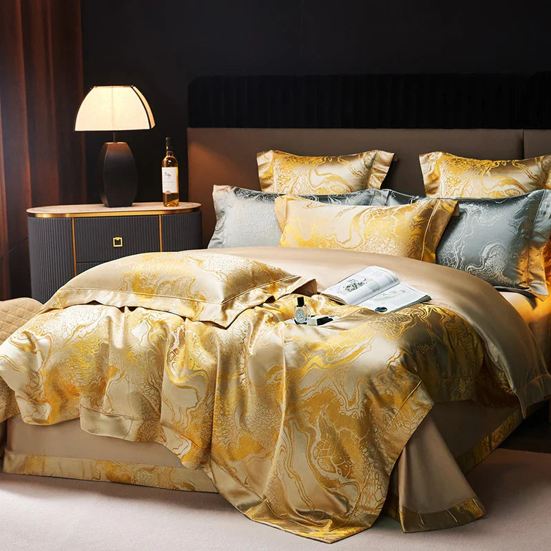 Afralia™ Satin Jacquard Bedding Set, Egyptian Cotton, Soft Silky Duvet, Sheet, Pillowcases