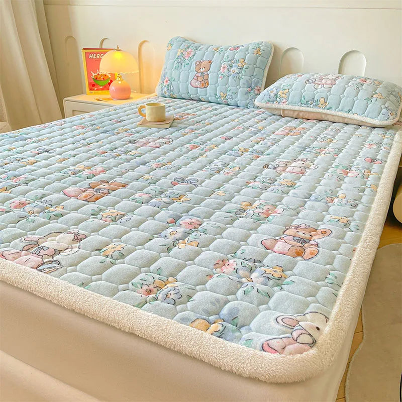 Afralia™ Milk Velvet Printed Mattress Topper: Thick Warm Cartoon Cushion for All Seasons