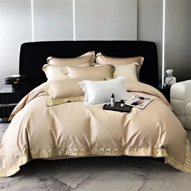 Afralia™ Gold Embroidery Duvet Set, Black Egyptian Cotton Bedding, 1000TC, Double King Queen