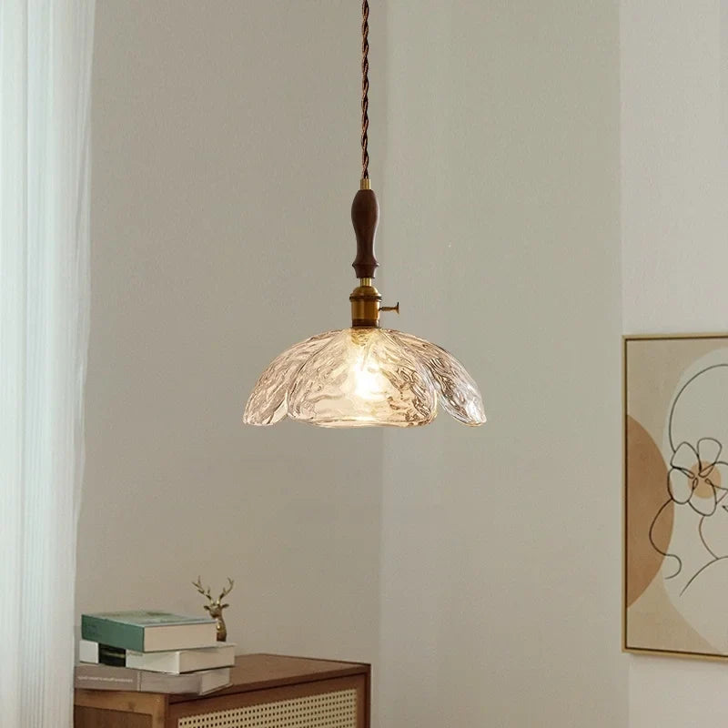 Afralia™ Glass LED Pendant Light Modern Wood Copper Hanglamp for Bar Cafe Loft