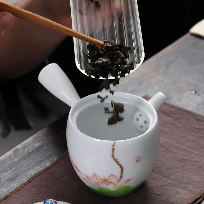 Afralia™ White Hand Painted Teapot with Side Handle, Anti-Scalding, Kung Fu Tea Set