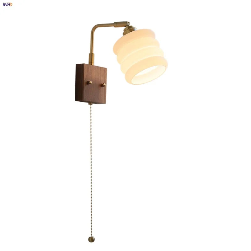 Afralia™ Walnut Wood Rotatable LED Wall Sconce White Glass Bedside Lamp
