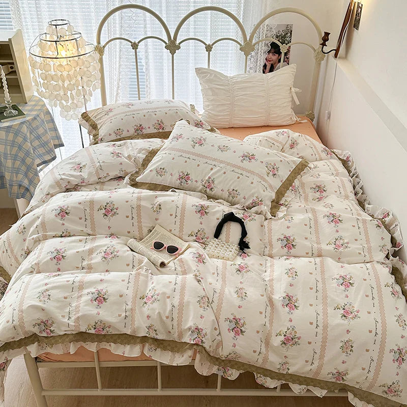Afralia™ French Floral Print Double Layer Lace Ruffles Bedding Set