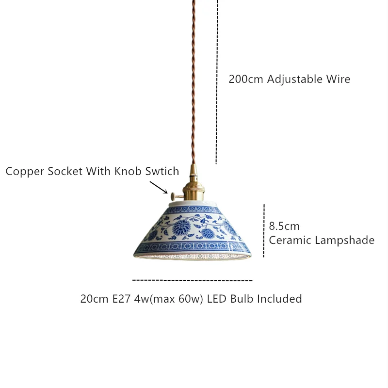 Afralia™ Vintage Ceramic LED Pendant Light with Adjustable Copper Socket & Knob Switch