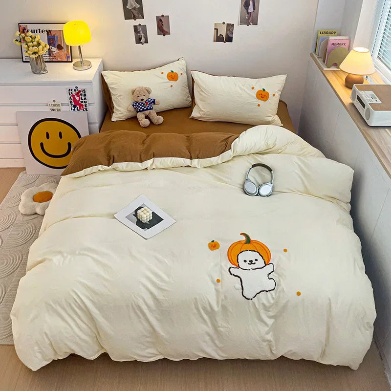 Afralia™ Cartoon Towel Embroidery Bedding Set in Soft Washed Cotton for Kids