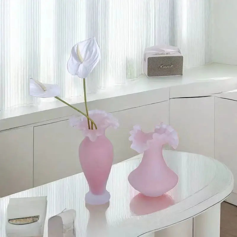 Afralia™ Pink Glass Vase Wave Fold Frosted Vase Floral Arrangement Terrarium Decoration