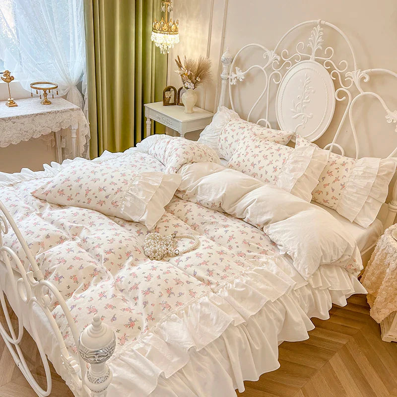 Afralia™ Cotton Floral Print Bedding Set with Pleat Lace Ruffles, 4-Piece Ensemble
