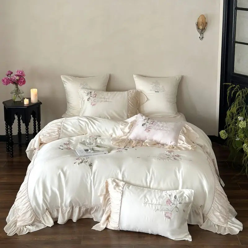Afralia™ Embroidered Lace Princess Bedding Set - 4 Piece Cotton Flowers Collection