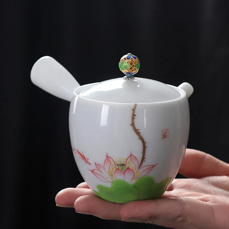 Afralia™ White Hand Painted Teapot with Side Handle, Anti-Scalding, Kung Fu Tea Set