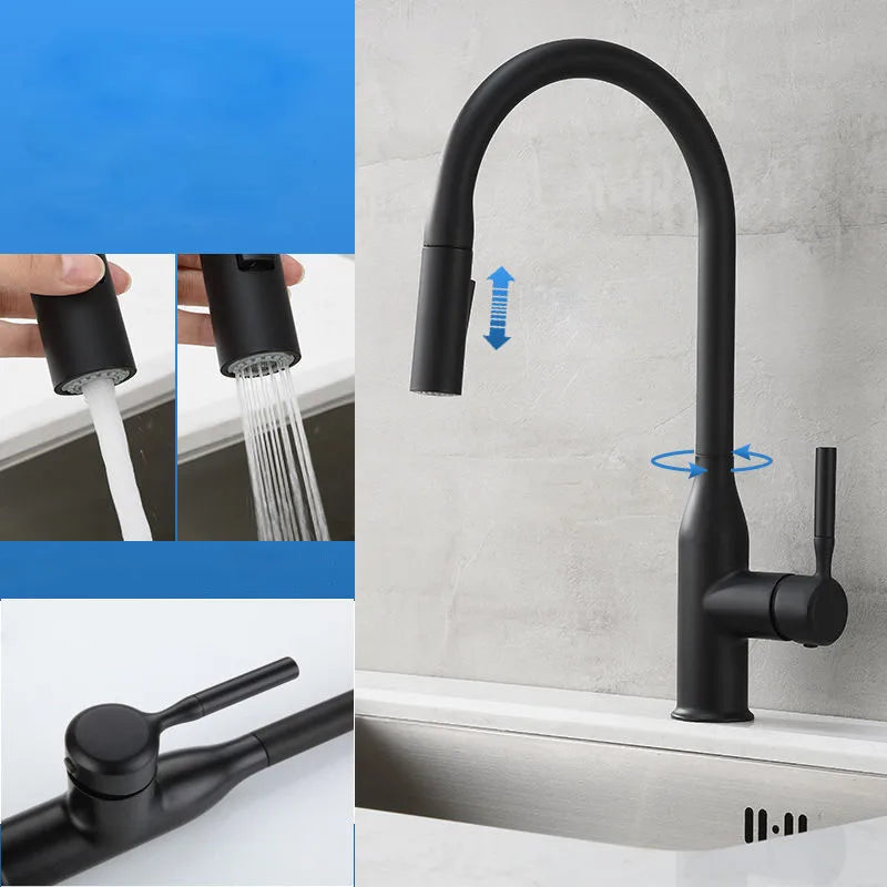 Afralia™ Pull Down Single Handle Kitchen Faucet in Sleek Black and Chrome Brushed Finish