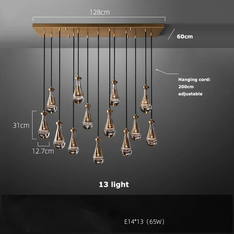 Afralia™ Brass Teardrop Pendant Chandelier with Black/Gold Glass - LED Living Room Staircase Light