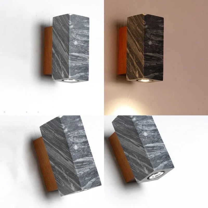 Afralia™ Marble Stone LED Wall Lights Wood Canopy Plug In Sconce Lighting