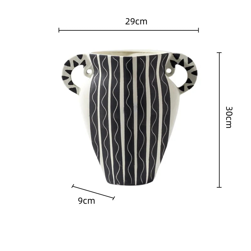 Afralia™ Black Check Geometric Striped Ceramic Vase - Handcrafted Floral Arrangement Pot