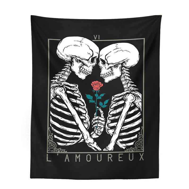 Afralia™ Kissing Lovers Tarot Tapestry: Skeleton & Rose Hippie Room Decor