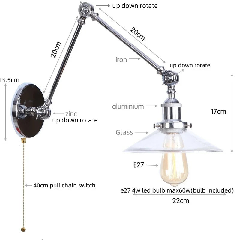 Afralia™ White Glass Swing Arm LED Wall Sconce for Industrial Loft, Coffee, Hallway