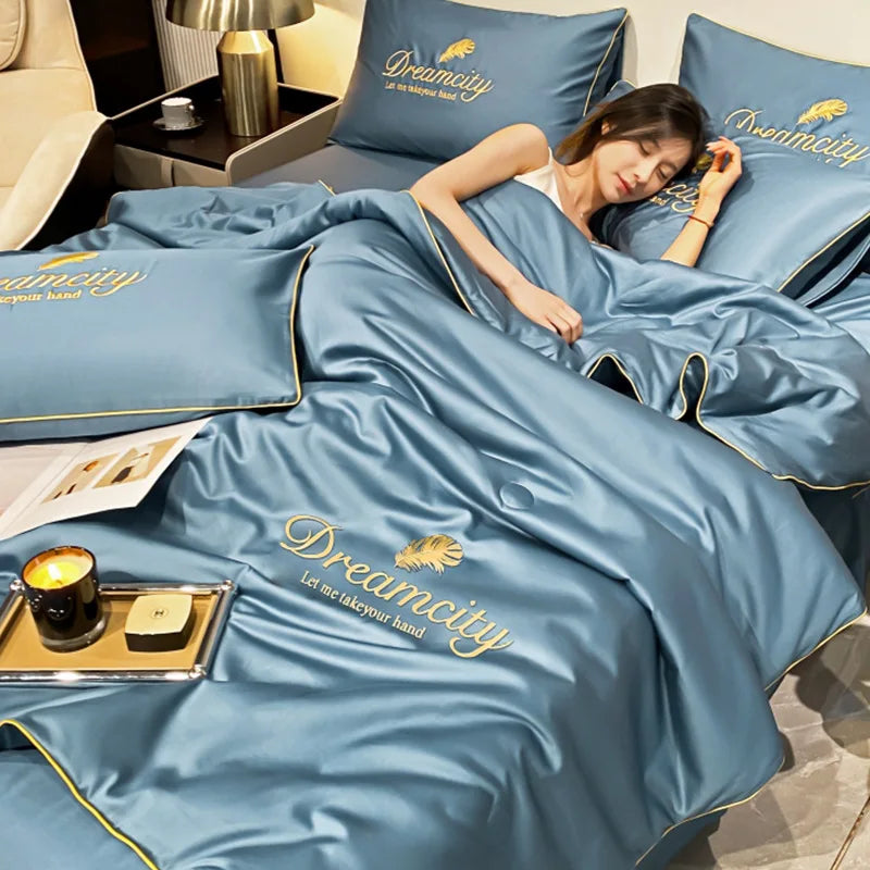 Afralia™ Embroidered Ice Silk Summer Quilt Set with Pillowcases