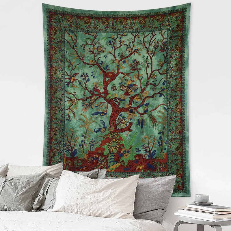 Afralia™ Flower Bird Life Tree Tapestry Wall Hanging Art Psychedelic Bohemian Decor