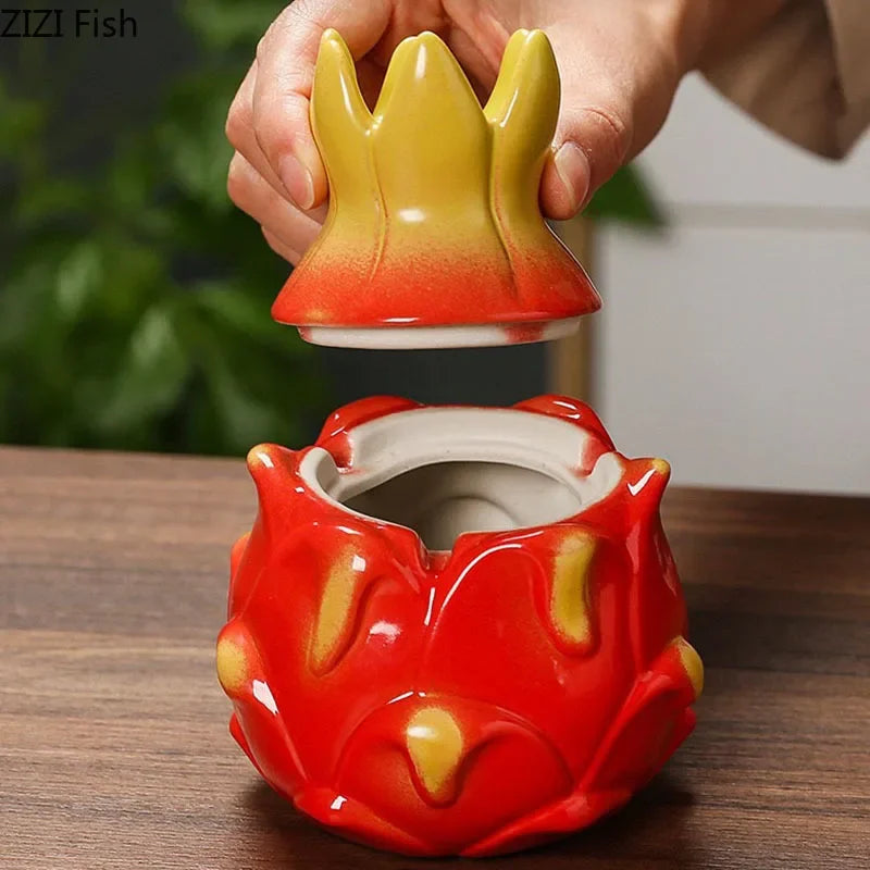 Afralia™ Pitaya Ceramic Ashtray with Lid - Desktop Smoking Accessories - Gift for Him