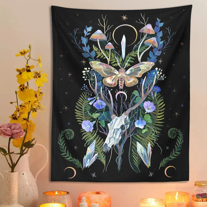 Afralia™ Deer Skull Mushroom Moon Wall Hanging Psychedelic Tapestry Witchcraft Decor