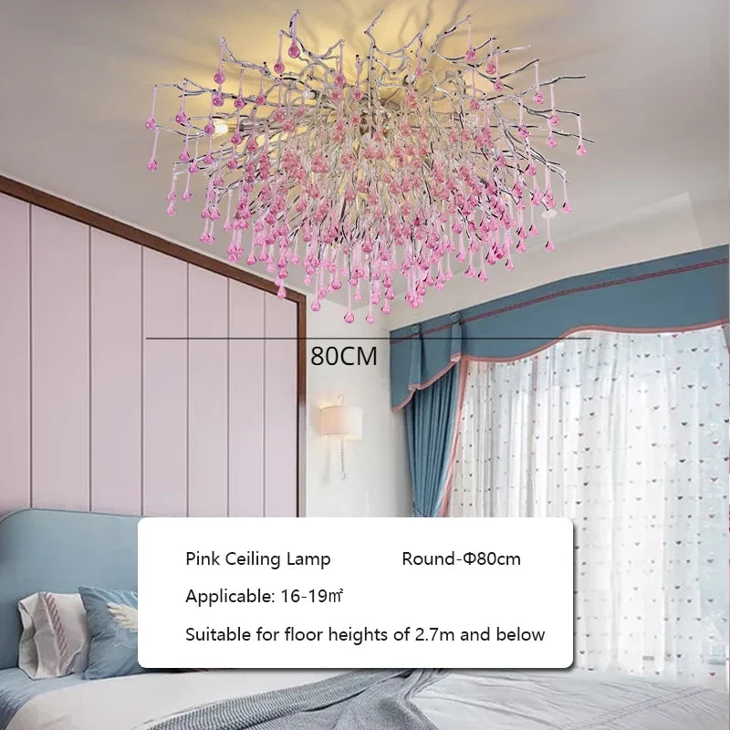 Afralia™ Pink Crystal Chandelier Chrome Ceiling Living Room Light Luxury Chandelier