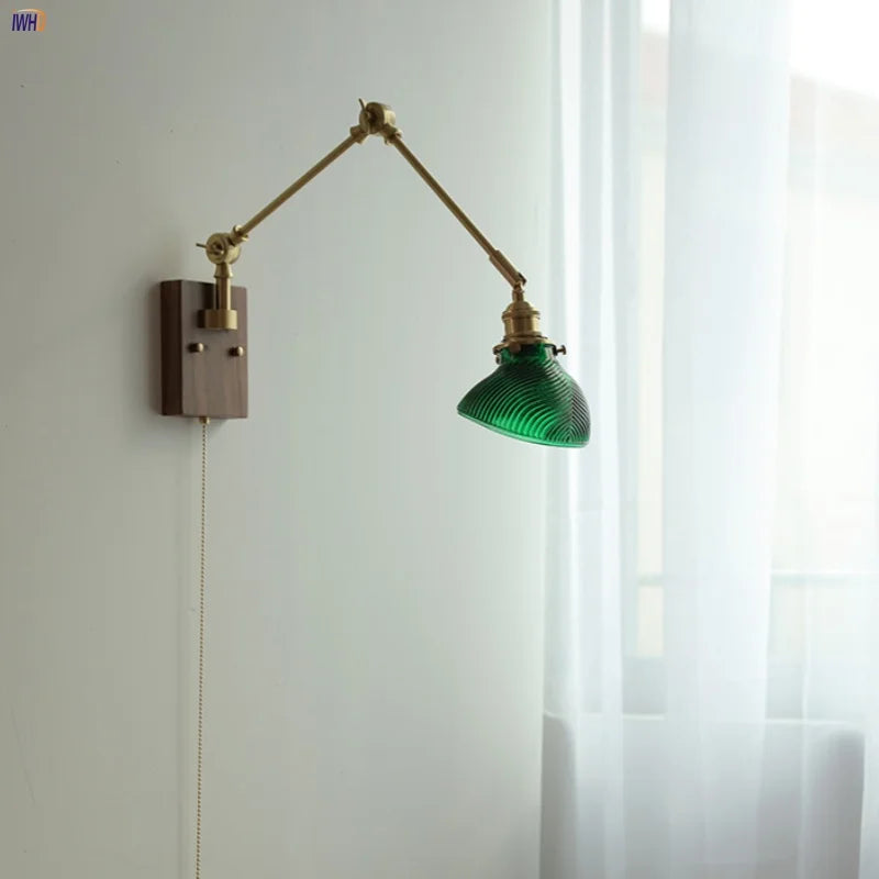 Afralia™ Nordic Green LED Swing Arm Wall Lamp Sconce Glass Walnut Wood Mirror Light