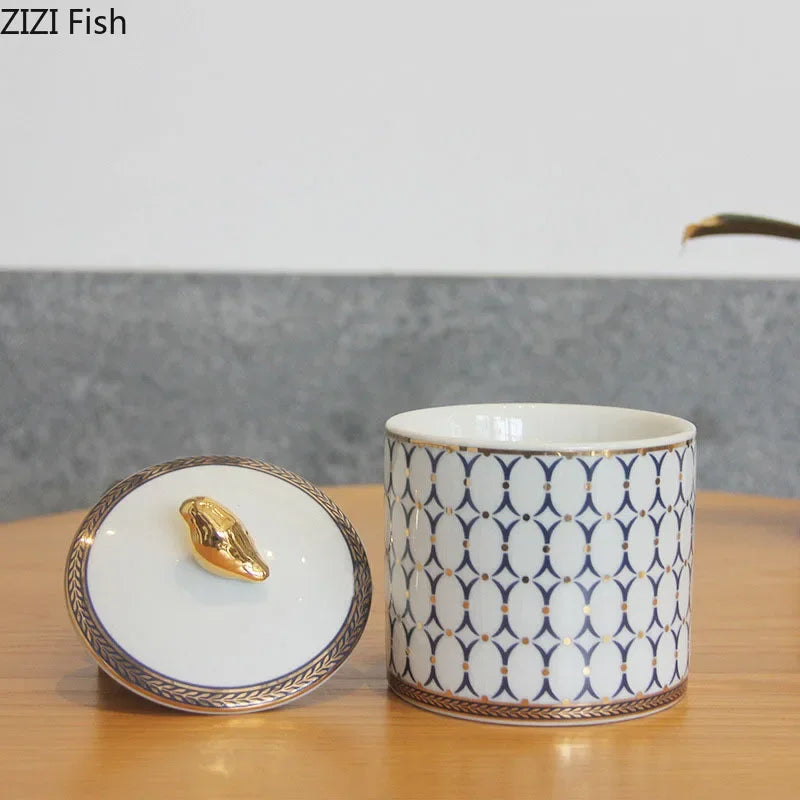 Afralia™ Gold Plated Ceramic Storage Jar with Candle Cup Cosmetic Containers Desk Decoration