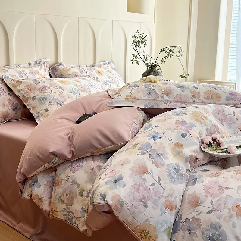Afralia™ Satin Flower Fitted Sheet Set - Luxury 100% Cotton Print Bedding Set