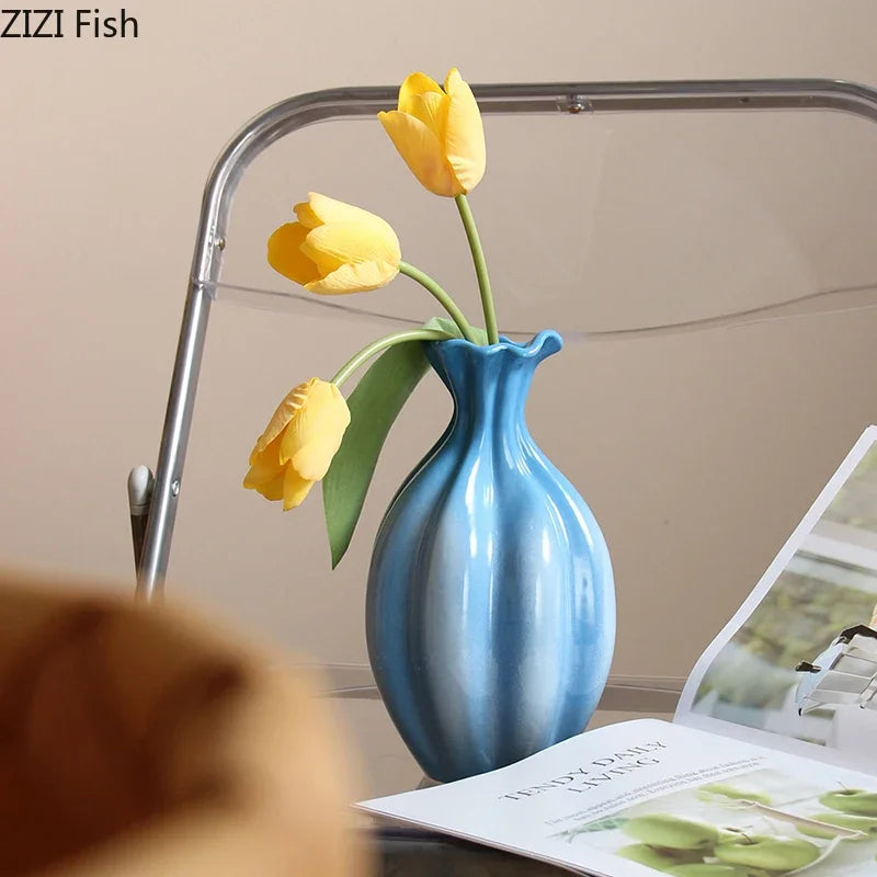 Afralia™ Blue Ceramic Flower Bud Vase for Table Decoration and Room Aesthetic