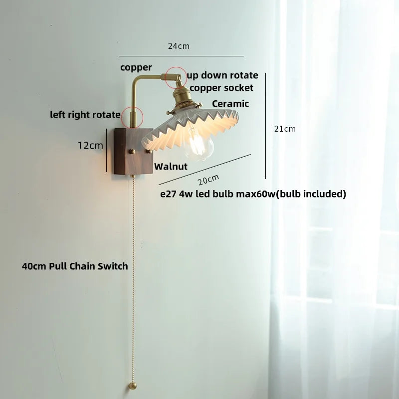 Afralia™ Nordic LED Walnut Wood Wall Lamp with Rotating Ceramic Copper Pull Chain Switch