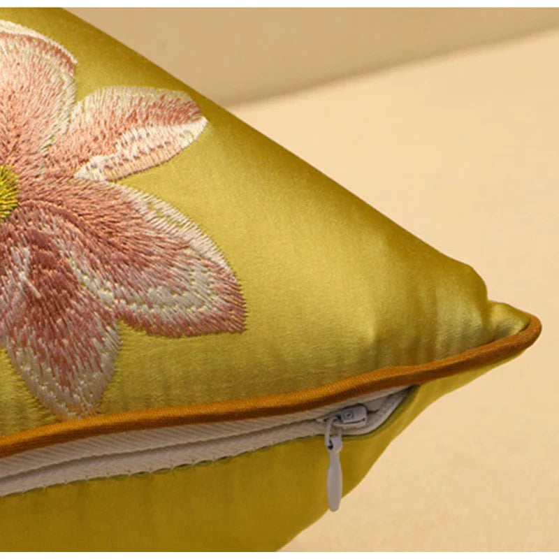 Afralia™ Magnolia Blossom Leaves Embroidery Lumbar Pillow Case for Bed Couch Sofa