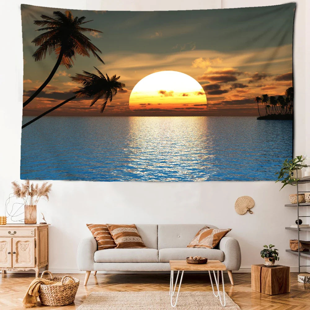 Afralia™ Sunset Seaside Landscape Tapestry Wall Hanging for Bohemian Hippie Decor