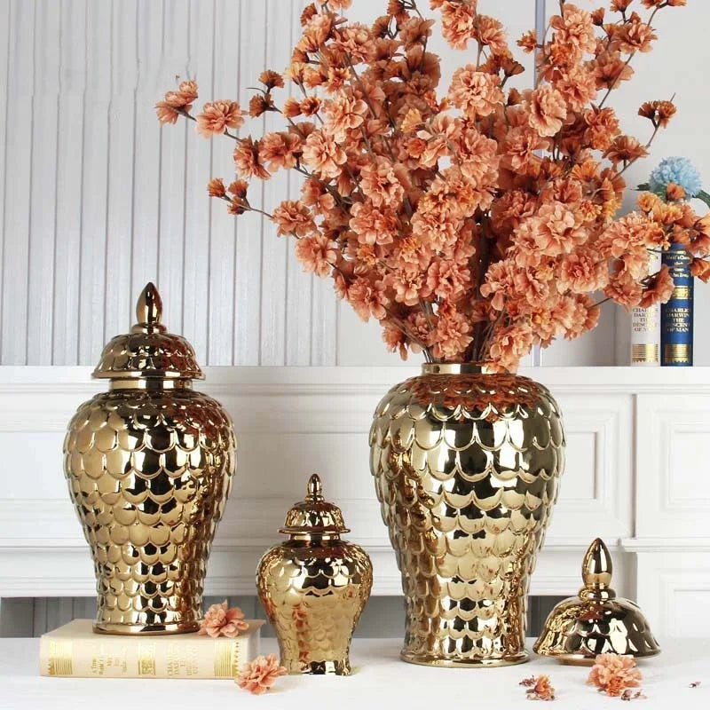 Afralia™ Geometric Golden Porcelain Jar - Home Decor Vase & Storage Tank