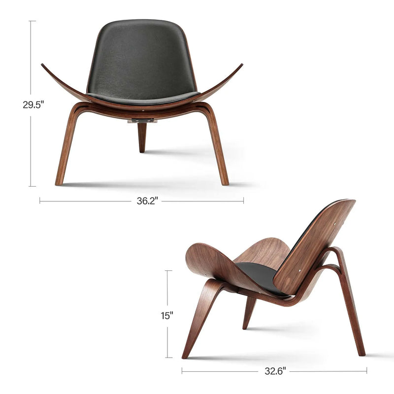 Afralia™ Mid Century Replica Shell Chair - Modern Wood Lounge Chair with Black PU Leather
