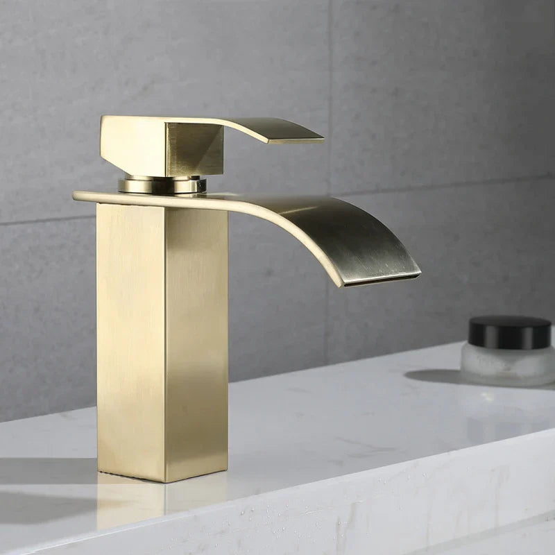 Afralia™ Brushed Gold Stainless Steel Basin Faucet Deck Mounted Hot Cold Mixer Tap